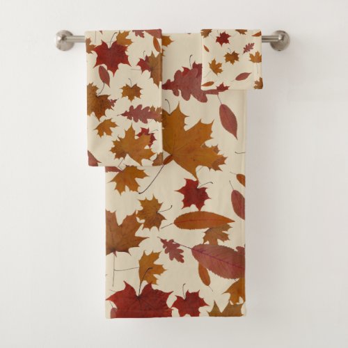 Golden Autumn Leaves on Custom Color Cream Bath Towel Set