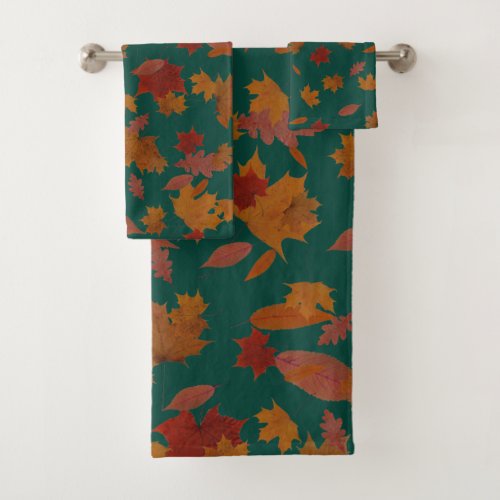 Golden Autumn Leaves on Custom Color Turquoise Bath Towel Set