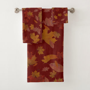 Golden Autumn Leaves on Custom Color Wine Red Bath Towel Set