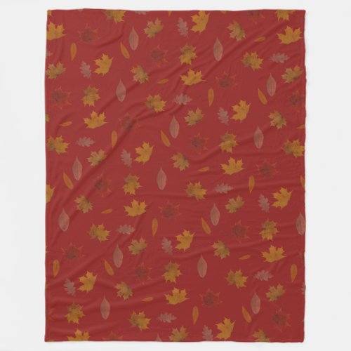 Golden Autumn Leaves on Red Custom Color Fleece Blanket