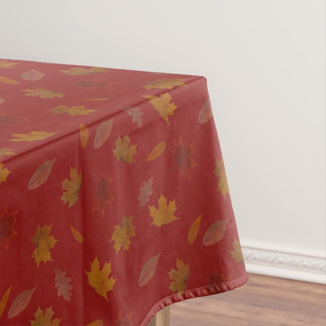 Golden Autumn Leaves on Red Custom Color Tablecloth (In Situ)