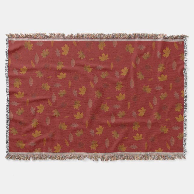 Golden Autumn Leaves on Red Custom Color Throw Blanket (Front)