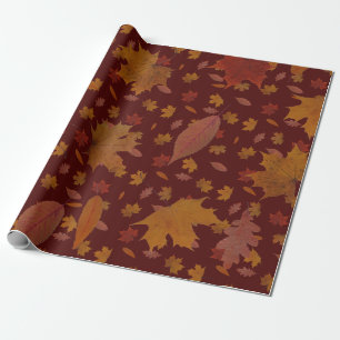 Golden Autumn Leaves on Wine Red Custom Color Wrapping Paper