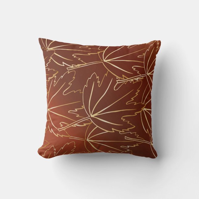 Golden autumn leaves pattern on brown throw pillow (Front)