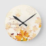 Golden Autumn Leaves Wedding Memento Round Clock at Zazzle