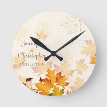 Golden Autumn Leaves Wedding Memento Round Clock by WeddingBazaar at Zazzle