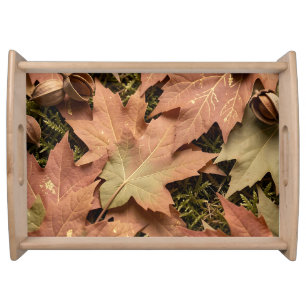 Golden Autumn Maple Leaves Moss Fall Foliage Serving Tray