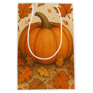 Golden Autumn Pumpkin and Falling Leaves Medium Gift Bag