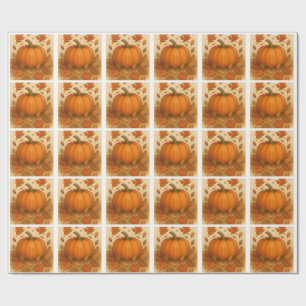 Golden Autumn Pumpkin and Falling Leaves Wrapping Paper