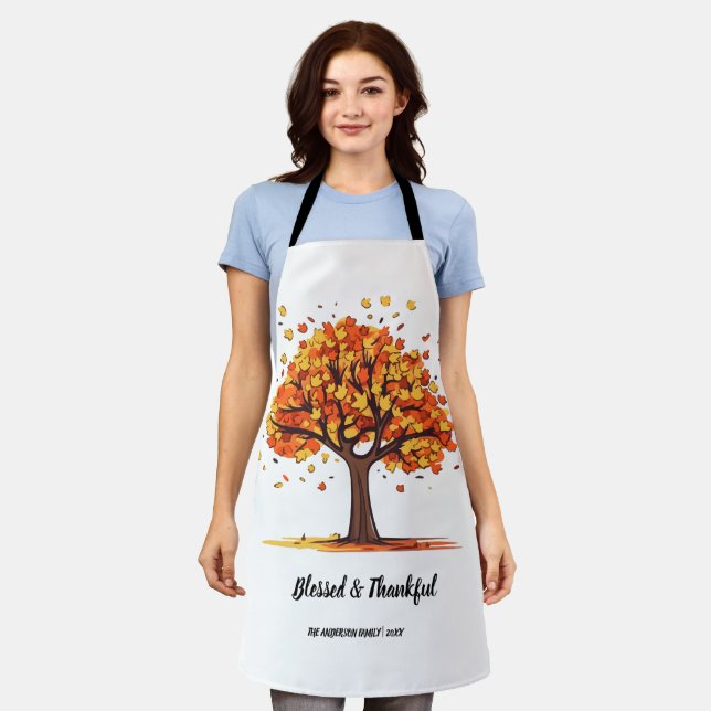 Golden Autumn Trees Happy Thanksgiving Greeting Apron (Worn)