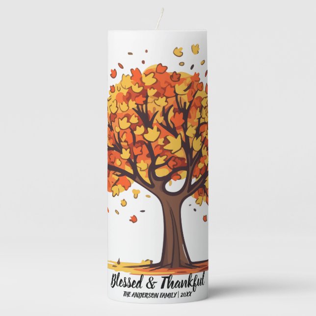 Golden Autumn Trees Happy Thanksgiving Greeting Pillar Candle (Front)