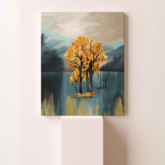 Golden Autumn Trees on Blue Lake Canvas