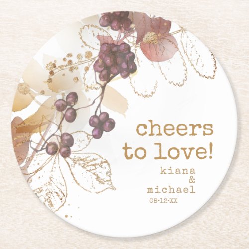 Golden Autumn Wedding Berries Cheers to Love ID655 Round Paper Coaster