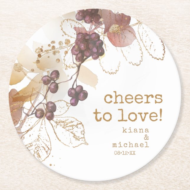 Golden Autumn Wedding Berries Cheers to Love ID655 Round Paper Coaster (Front)