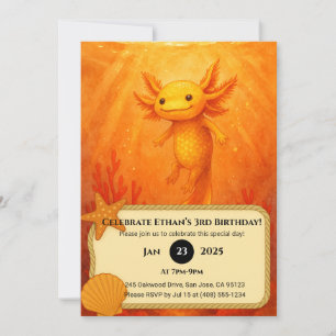 Golden Axolotl in Coral Reef Birthday Invitation