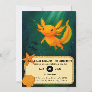 Golden Axolotl in Moonlit Pond Birthday Invitation