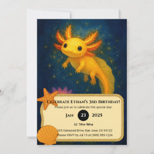 Golden Axolotl Over Lotus Pond Birthday Invitation