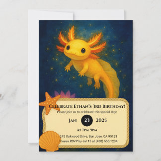Golden Axolotl Over Lotus Pond Birthday  Invitation