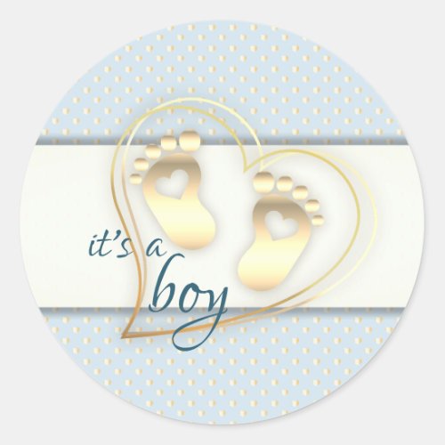 Golden Baby Boy Footprints and Hearts Baby Shower Classic Round Sticker