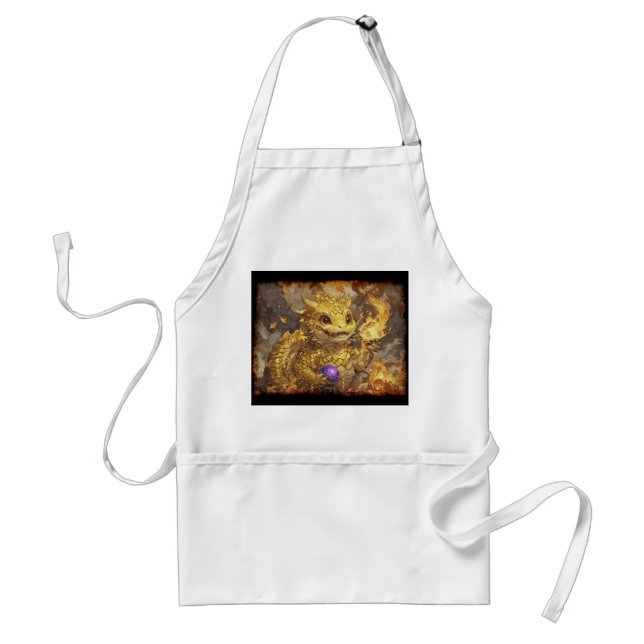 Golden Baby Dragon and Flames Adult Apron (Front)