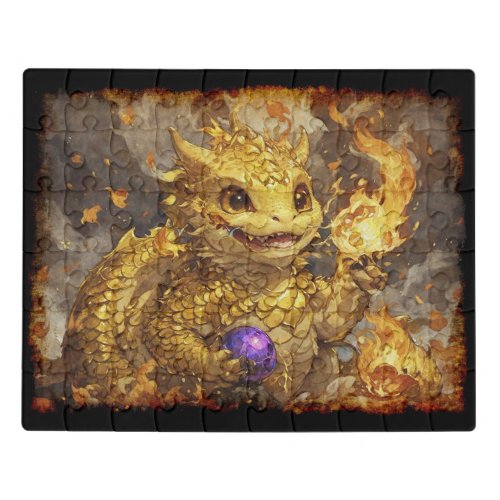 Golden Baby Dragon and Flames Jigsaw Puzzle