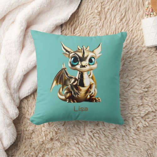 Golden Baby Dragon Throw Pillow