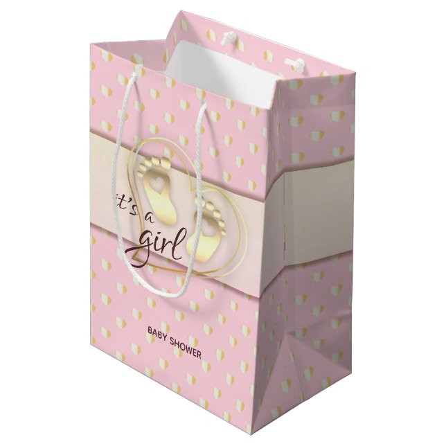 Golden Baby Girl Footprints and Hearts Baby Shower Medium Gift Bag (Front Angled)