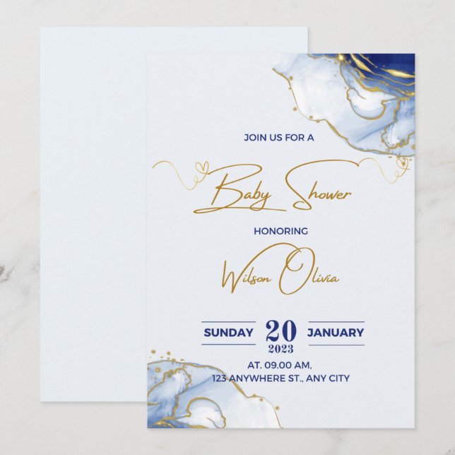 golden baby shower invitation bleu (Front/Back)