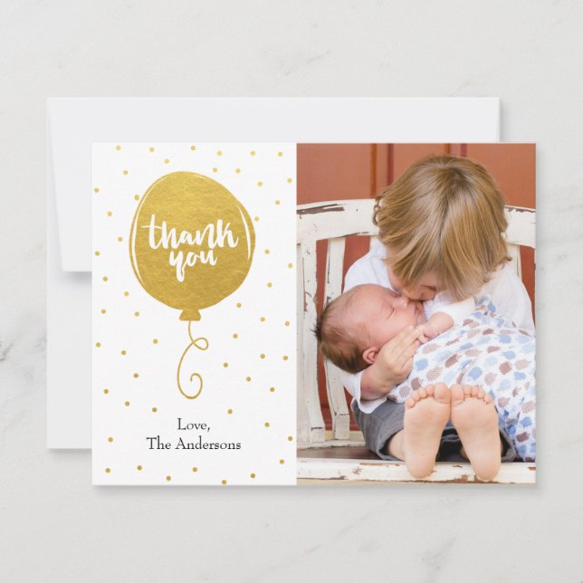 Golden Balloon Handdrawn Thank You Photo Card (Front)