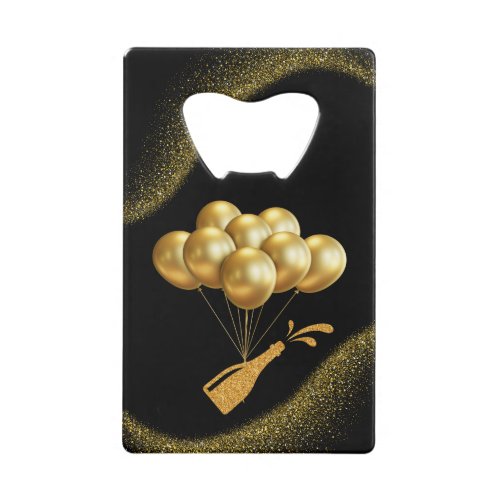 Golden Balloons and Champagne  Credit Card Bottle Opener