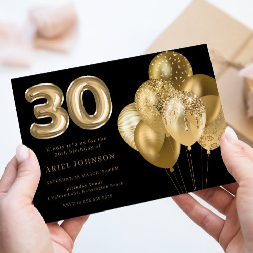 Golden Balloons Black 30th Birthday Party Invitation