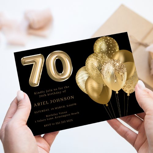Golden Balloons Black 70th Birthday Party Invitation