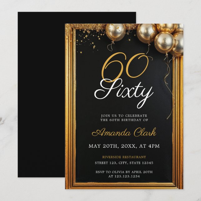 Golden Balloons Frame & Confetti 60th Birthday Invitation (Front/Back)