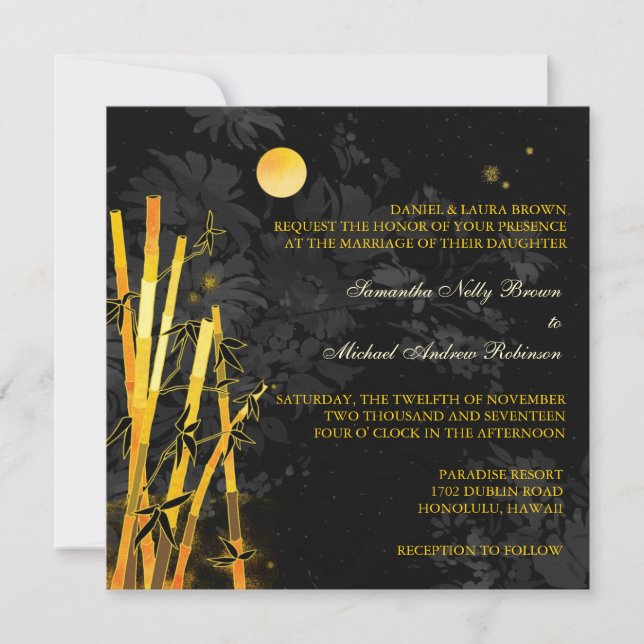 Golden Bamboo Black & Gold Wedding Invitations (Front)