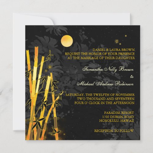 Golden Bamboo Black &amp; Gold Wedding Invitations