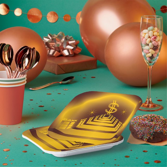 Golden Bank Corridor Glowing Dollar Finance  Paper Plates (Creator Uploaded)