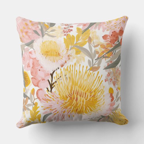 Golden Banksia Floral Throw Pillow