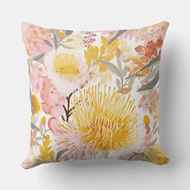 Golden Banksia Floral Throw Pillow (Back)