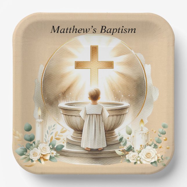 Golden Baptismal Baby Boy Christening Baptism Paper Plates (Front)