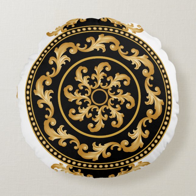 Golden baroque, chains, black decor round pillow (Front)
