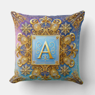 Golden Baroque Letter A Blue Monogram Elegance ✨ Throw Pillow