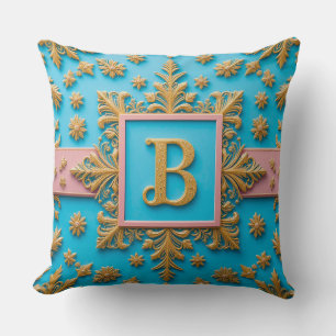Golden Baroque Letter B Blue Monogram Elegance ✨ Throw Pillow