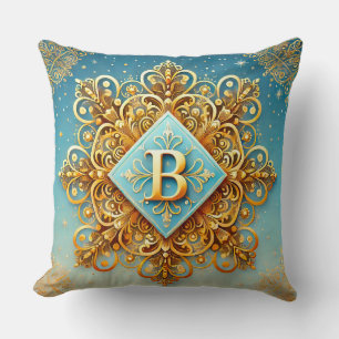Golden Baroque Letter B Blue Monogram Style ✨ Throw Pillow