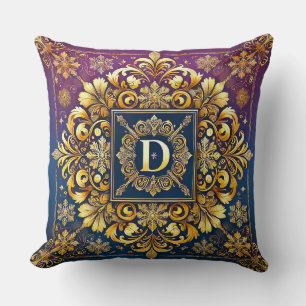 Golden Baroque Letter D Blue Monogram Elegance ✨ Throw Pillow