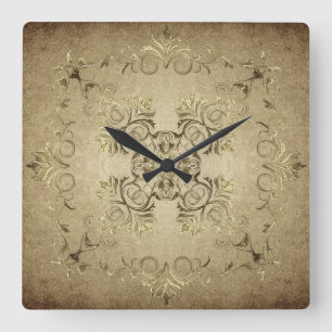 Golden baroque on grunge background. square wall clock