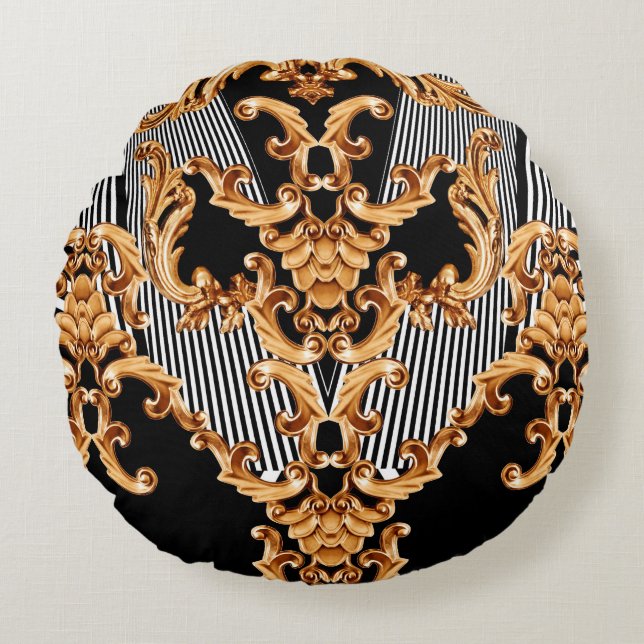 Golden baroque ornament round pillow (Front)