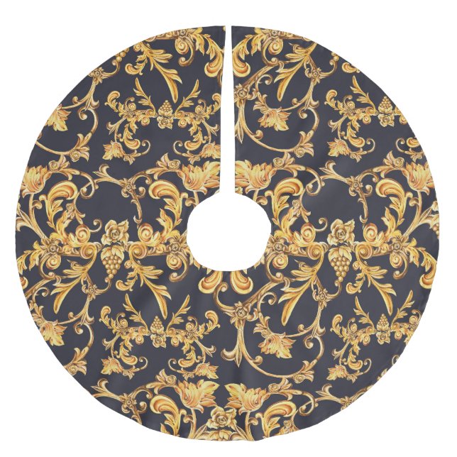 Golden Baroque, Scroll Leaves Pattern. Brushed Polyester Tree Skirt (Front)