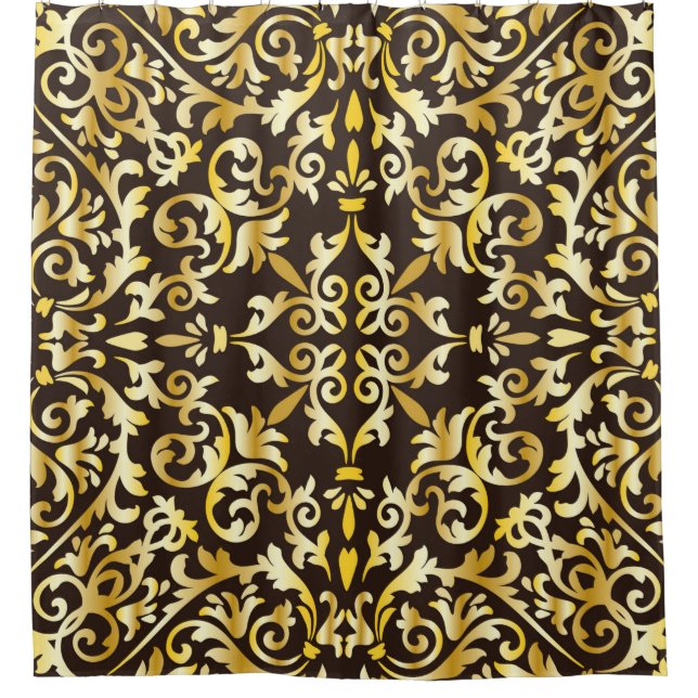Golden baroque seamless pattern on black backgroun shower curtain (Front)