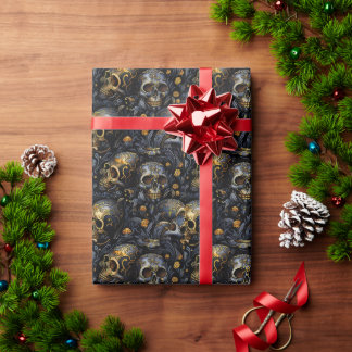 golden baroque skulls wrapping paper