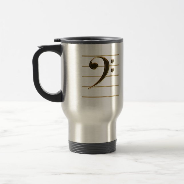 Golden Bass Clef Music Note Travel Mug (Left)